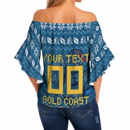 Personalized Gold Coast Titans Christmas Off Shoulder Wrap Waist Top Australian Rugby Fans - Pixelated Ugly Xmas Pattern Mascot Santa