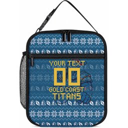 Personalized Gold Coast Titans Christmas Lunch Bag Australian Rugby Fans - Pixelated Ugly Xmas Pattern Mascot Santa