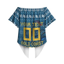 Personalized Gold Coast Titans Christmas Off Shoulder Wrap Waist Top Australian Rugby Fans - Pixelated Ugly Xmas Pattern Mascot Santa