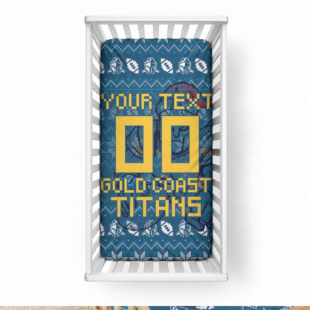 Personalized Gold Coast Titans Christmas Baby Bed Cover Australian Rugby Fans - Pixelated Ugly Xmas Pattern Mascot Santa