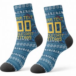 Personalized Gold Coast Titans Christmas Crew Socks Australian Rugby Fans - Pixelated Ugly Xmas Pattern Mascot Santa