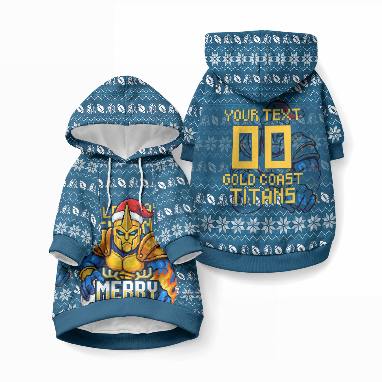 Personalized Gold Coast Titans Christmas Pet Hoodie Australian Rugby Fans - Pixelated Ugly Xmas Pattern Mascot Santa