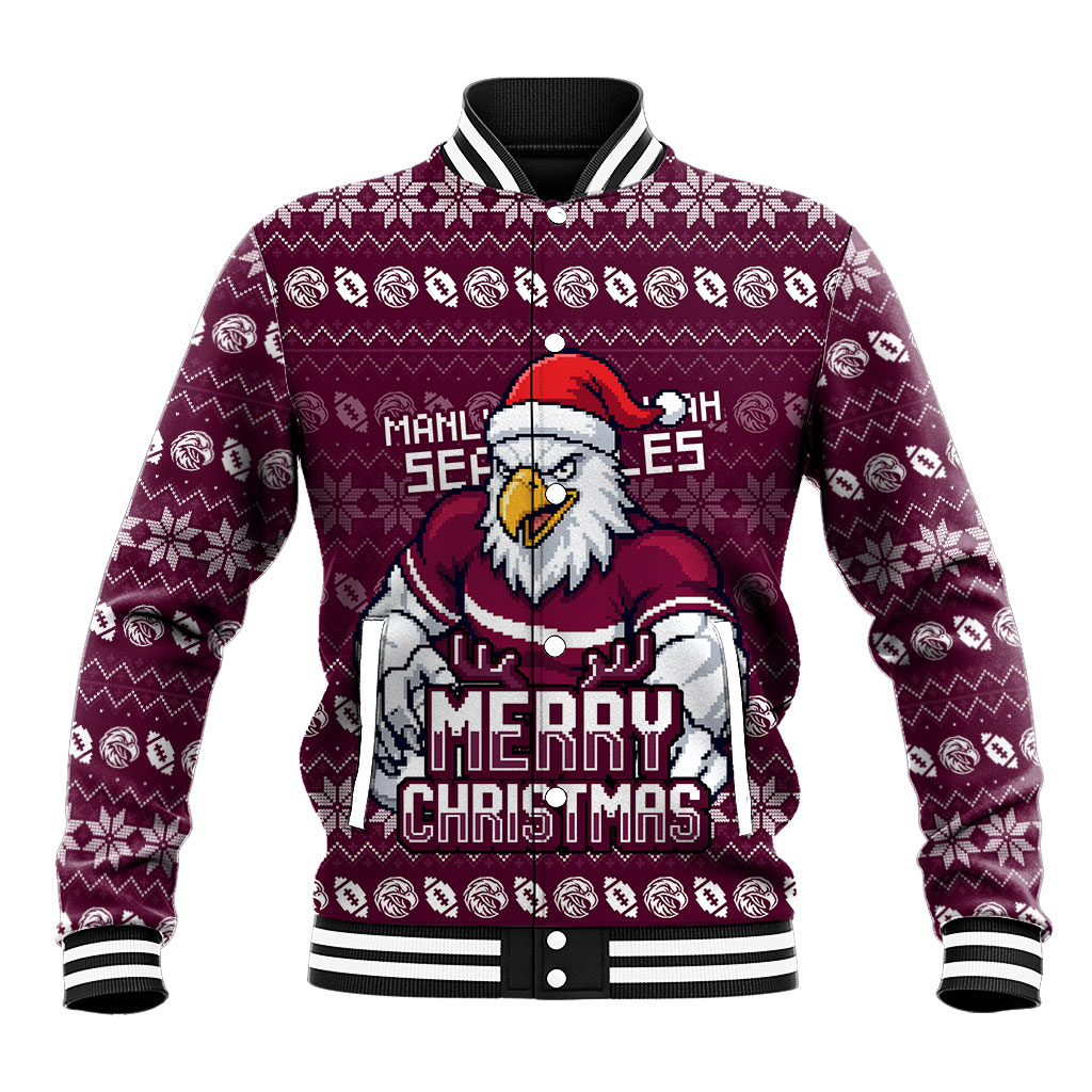 Personalized Sea Eagles Christmas Baseball Jacket Australian Rugby Fans - Pixelated Ugly Xmas Pattern Mascot Santa