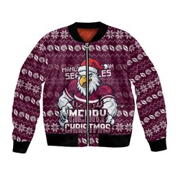 Personalized Sea Eagles Christmas Bomber Jacket Australian Rugby Fans - Pixelated Ugly Xmas Pattern Mascot Santa