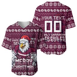 Personalized Sea Eagles Christmas Baseball Jersey Australian Rugby Fans - Pixelated Ugly Xmas Pattern Mascot Santa