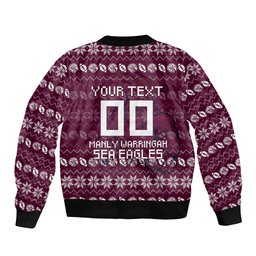 Personalized Sea Eagles Christmas Bomber Jacket Australian Rugby Fans - Pixelated Ugly Xmas Pattern Mascot Santa
