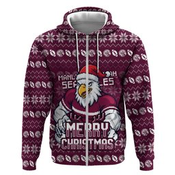 Personalized Sea Eagles Christmas Zip Hoodie Australian Rugby Fans - Pixelated Ugly Xmas Pattern Mascot Santa