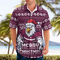 Personalized Sea Eagles Christmas Hawaiian Shirt Australian Rugby Fans - Pixelated Ugly Xmas Pattern Mascot Santa