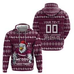 Personalized Sea Eagles Christmas Hoodie Australian Rugby Fans - Pixelated Ugly Xmas Pattern Mascot Santa