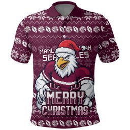 Personalized Sea Eagles Christmas Polo Shirt Australian Rugby Fans - Pixelated Ugly Xmas Pattern Mascot Santa
