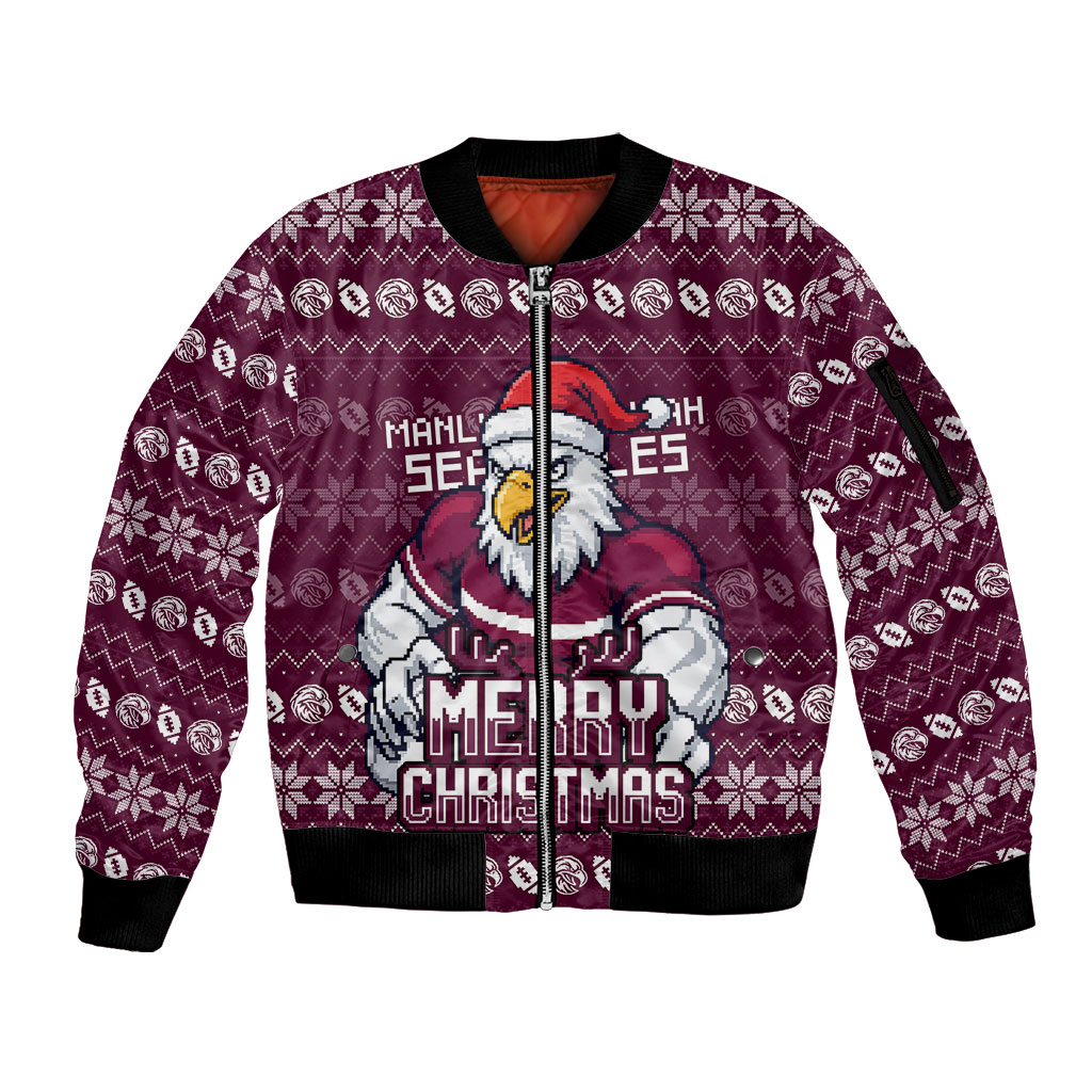 Personalized Sea Eagles Christmas Sleeve Zip Bomber Jacket Australian Rugby Fans - Pixelated Ugly Xmas Pattern Mascot Santa