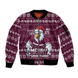Personalized Sea Eagles Christmas Sleeve Zip Bomber Jacket Australian Rugby Fans - Pixelated Ugly Xmas Pattern Mascot Santa