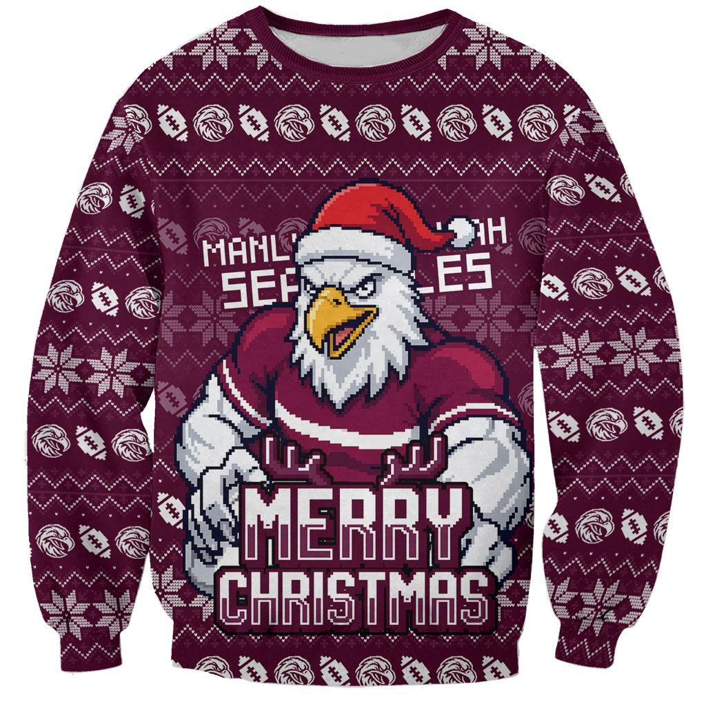 Personalized Sea Eagles Christmas Sweatshirt Australian Rugby Fans - Pixelated Ugly Xmas Pattern Mascot Santa