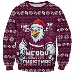 Personalized Sea Eagles Christmas Sweatshirt Australian Rugby Fans - Pixelated Ugly Xmas Pattern Mascot Santa