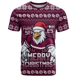 Personalized Sea Eagles Christmas T Shirt Australian Rugby Fans - Pixelated Ugly Xmas Pattern Mascot Santa