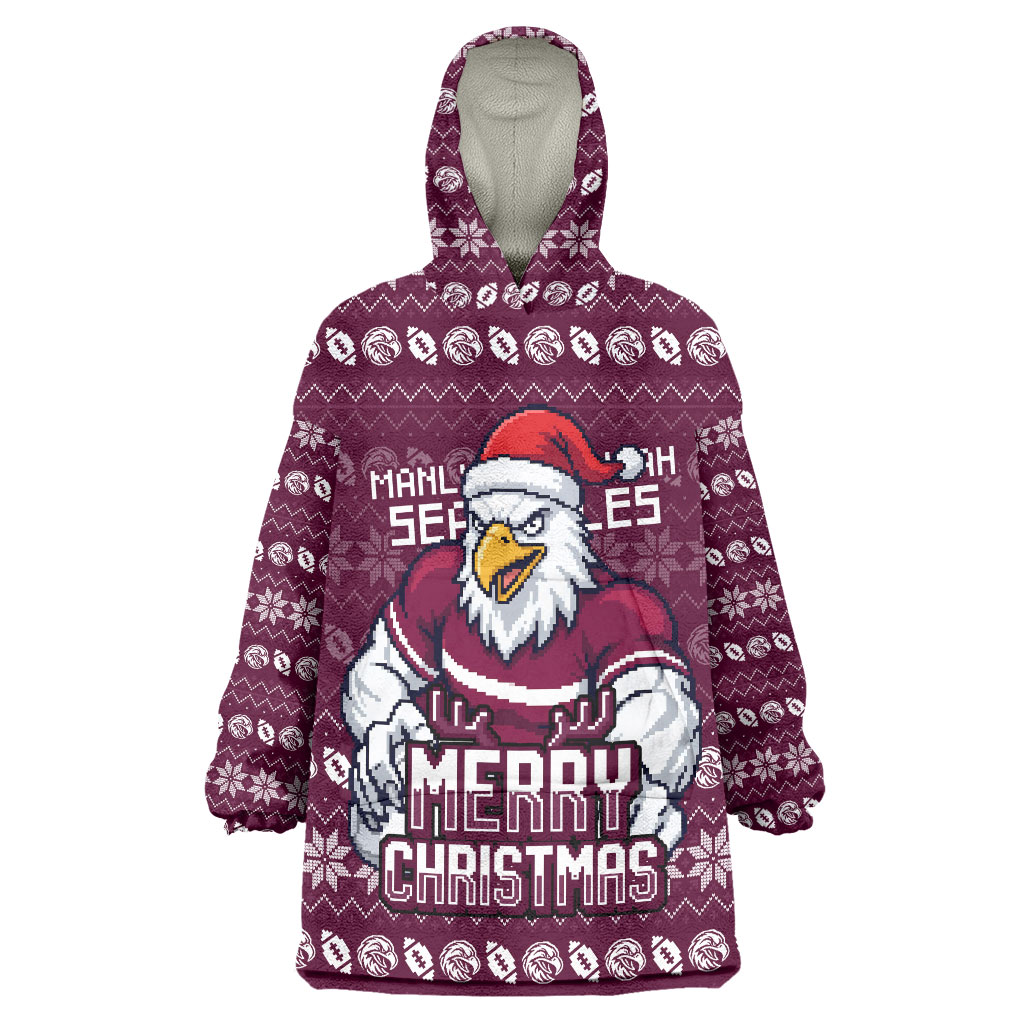 Personalized Sea Eagles Christmas Wearable Blanket Hoodie Australian Rugby Fans - Pixelated Ugly Xmas Pattern Mascot Santa