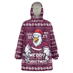 Personalized Sea Eagles Christmas Wearable Blanket Hoodie Australian Rugby Fans - Pixelated Ugly Xmas Pattern Mascot Santa