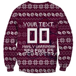 Personalized Sea Eagles Christmas Sweatshirt Australian Rugby Fans - Pixelated Ugly Xmas Pattern Mascot Santa