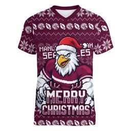Personalized Sea Eagles Christmas Women V-Neck T-Shirt Australian Rugby Fans - Pixelated Ugly Xmas Pattern Mascot Santa