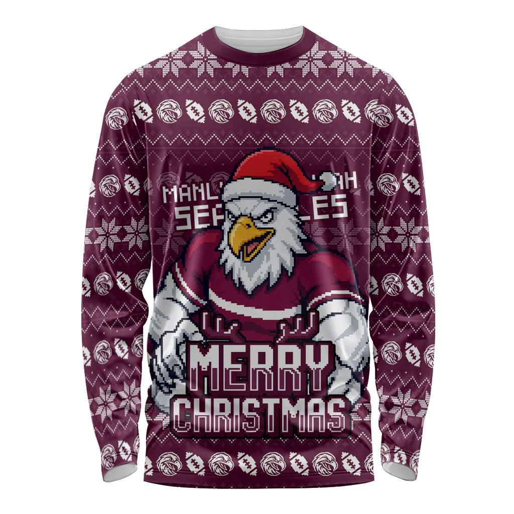 Personalized Sea Eagles Christmas Long Sleeve Shirt Australian Rugby Fans - Pixelated Ugly Xmas Pattern Mascot Santa