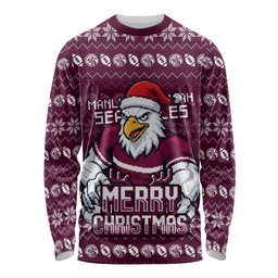 Personalized Sea Eagles Christmas Long Sleeve Shirt Australian Rugby Fans - Pixelated Ugly Xmas Pattern Mascot Santa