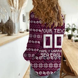 Personalized Sea Eagles Christmas Women Casual Shirt Australian Rugby Fans - Pixelated Ugly Xmas Pattern Mascot Santa