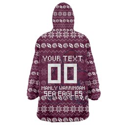 Personalized Sea Eagles Christmas Wearable Blanket Hoodie Australian Rugby Fans - Pixelated Ugly Xmas Pattern Mascot Santa