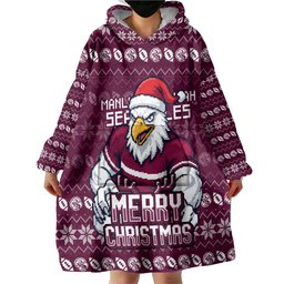Personalized Sea Eagles Christmas Wearable Blanket Hoodie Australian Rugby Fans - Pixelated Ugly Xmas Pattern Mascot Santa