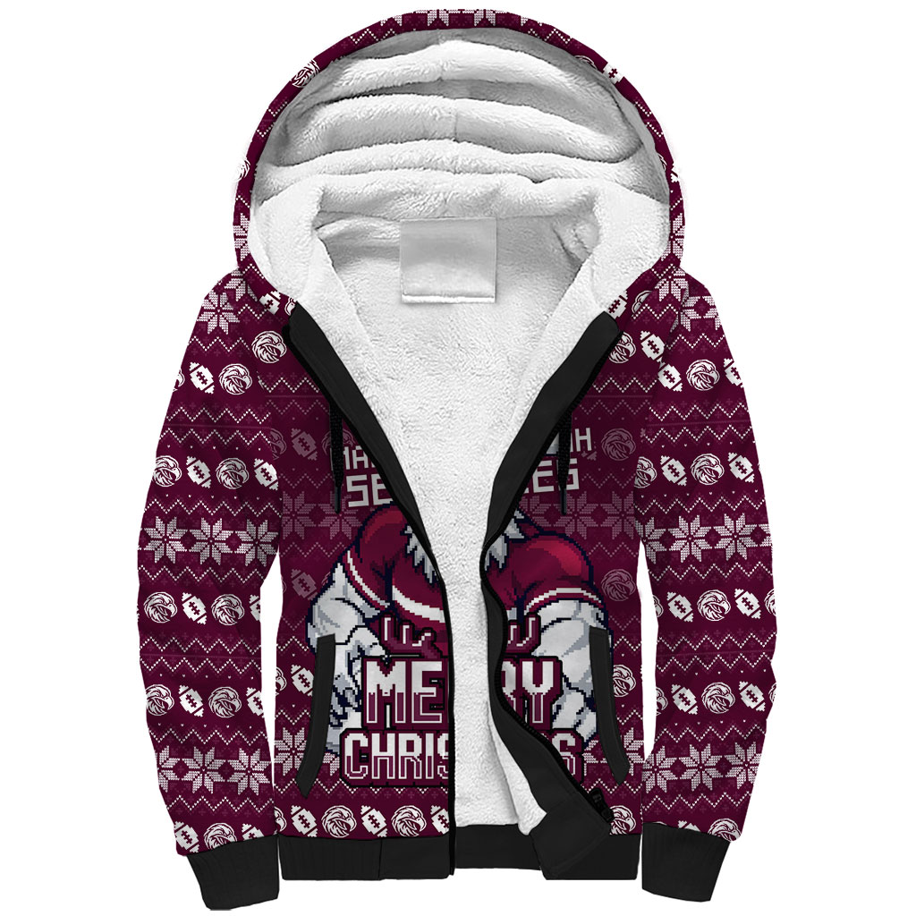 Personalized Sea Eagles Christmas Sherpa Hoodie Australian Rugby Fans - Pixelated Ugly Xmas Pattern Mascot Santa