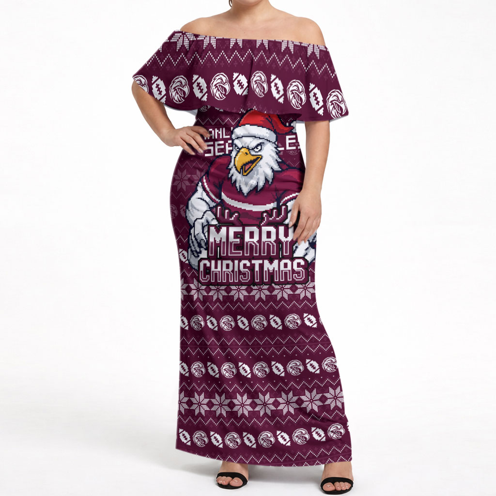 Personalized Sea Eagles Christmas Off Shoulder Maxi Dress Australian Rugby Fans - Pixelated Ugly Xmas Pattern Mascot Santa