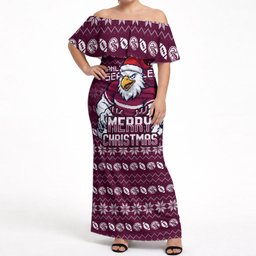 Personalized Sea Eagles Christmas Off Shoulder Maxi Dress Australian Rugby Fans - Pixelated Ugly Xmas Pattern Mascot Santa