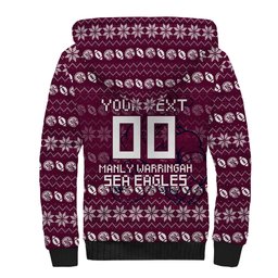 Personalized Sea Eagles Christmas Sherpa Hoodie Australian Rugby Fans - Pixelated Ugly Xmas Pattern Mascot Santa