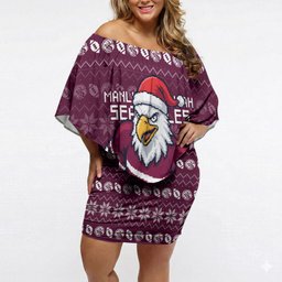 Personalized Sea Eagles Christmas Off Shoulder Short Dress Australian Rugby Fans - Pixelated Ugly Xmas Pattern Mascot Santa