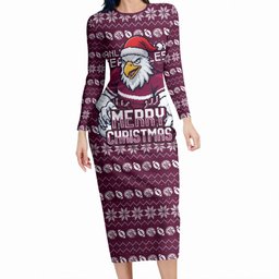 Personalized Sea Eagles Christmas Long Sleeve Bodycon Dress Australian Rugby Fans - Pixelated Ugly Xmas Pattern Mascot Santa