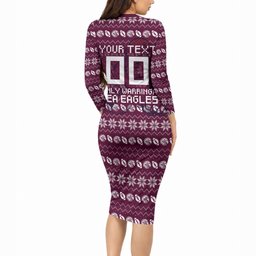 Personalized Sea Eagles Christmas Long Sleeve Bodycon Dress Australian Rugby Fans - Pixelated Ugly Xmas Pattern Mascot Santa