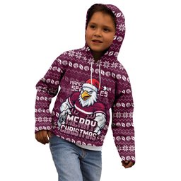 Personalized Sea Eagles Christmas Kid Hoodie Australian Rugby Fans - Pixelated Ugly Xmas Pattern Mascot Santa
