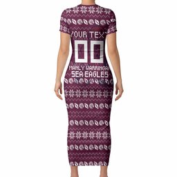 Personalized Sea Eagles Christmas Short Sleeve Bodycon Dress Australian Rugby Fans - Pixelated Ugly Xmas Pattern Mascot Santa