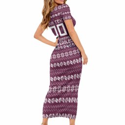 Personalized Sea Eagles Christmas Short Sleeve Bodycon Dress Australian Rugby Fans - Pixelated Ugly Xmas Pattern Mascot Santa