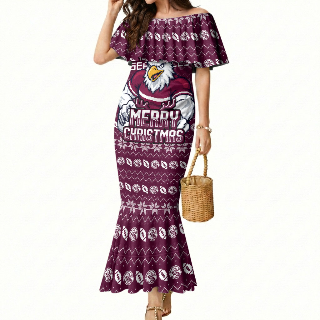 Personalized Sea Eagles Christmas Mermaid Dress Australian Rugby Fans - Pixelated Ugly Xmas Pattern Mascot Santa