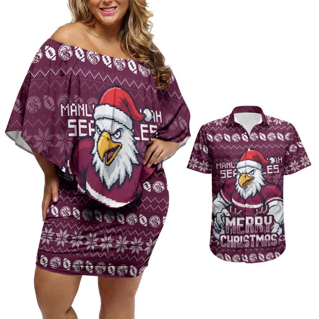 Personalized Sea Eagles Christmas Couples Matching Off Shoulder Short Dress and Hawaiian Shirt Australian Rugby Fans - Pixelated Ugly Xmas Pattern Mascot Santa