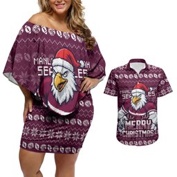 Personalized Sea Eagles Christmas Couples Matching Off Shoulder Short Dress and Hawaiian Shirt Australian Rugby Fans - Pixelated Ugly Xmas Pattern Mascot Santa