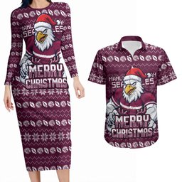 Personalized Sea Eagles Christmas Couples Matching Long Sleeve Bodycon Dress and Hawaiian Shirt Australian Rugby Fans - Pixelated Ugly Xmas Pattern Mascot Santa