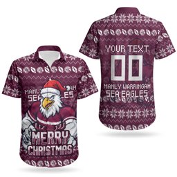 Personalized Sea Eagles Christmas Couples Matching Short Sleeve Bodycon Dress and Hawaiian Shirt Australian Rugby Fans - Pixelated Ugly Xmas Pattern Mascot Santa