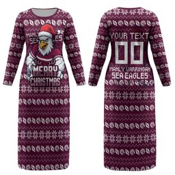 Personalized Sea Eagles Christmas Couples Matching Long Sleeve Bodycon Dress and Hawaiian Shirt Australian Rugby Fans - Pixelated Ugly Xmas Pattern Mascot Santa