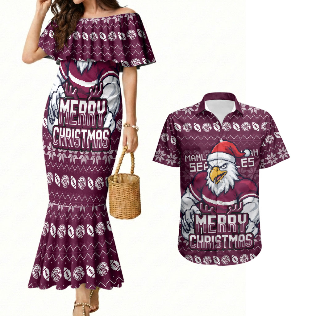Personalized Sea Eagles Christmas Couples Matching Mermaid Dress and Hawaiian Shirt Australian Rugby Fans - Pixelated Ugly Xmas Pattern Mascot Santa