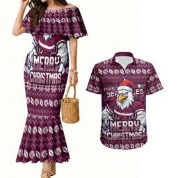 Personalized Sea Eagles Christmas Couples Matching Mermaid Dress and Hawaiian Shirt Australian Rugby Fans - Pixelated Ugly Xmas Pattern Mascot Santa