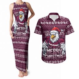 Personalized Sea Eagles Christmas Couples Matching Tank Maxi Dress and Hawaiian Shirt Australian Rugby Fans - Pixelated Ugly Xmas Pattern Mascot Santa