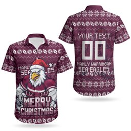 Personalized Sea Eagles Christmas Couples Matching Summer Maxi Dress and Hawaiian Shirt Australian Rugby Fans - Pixelated Ugly Xmas Pattern Mascot Santa