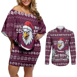 Personalized Sea Eagles Christmas Couples Matching Off Shoulder Short Dress and Long Sleeve Button Shirt Australian Rugby Fans - Pixelated Ugly Xmas Pattern Mascot Santa