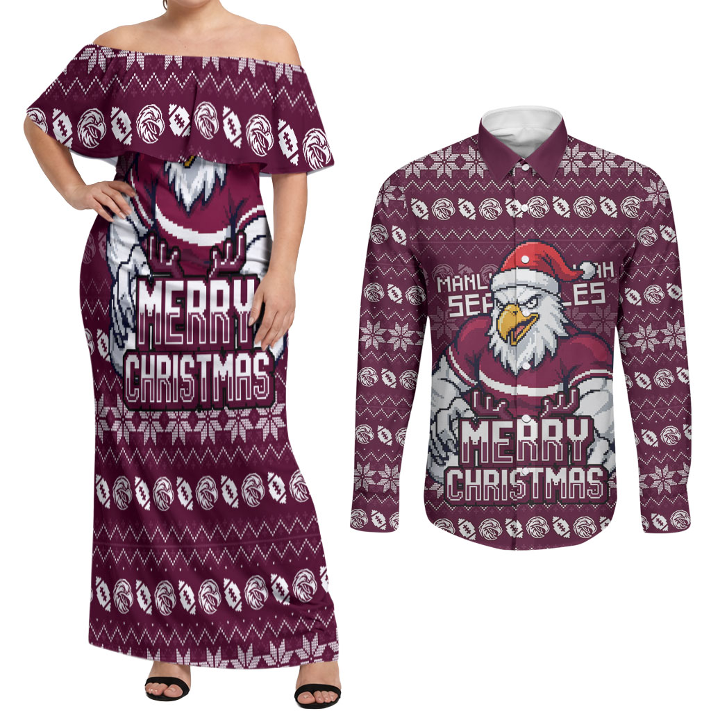Personalized Sea Eagles Christmas Couples Matching Off Shoulder Maxi Dress and Long Sleeve Button Shirt Australian Rugby Fans - Pixelated Ugly Xmas Pattern Mascot Santa